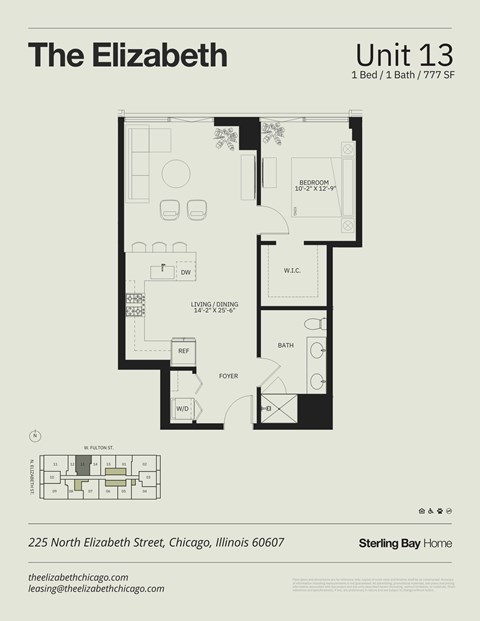 Floor plan for 1 bed, 1 bath, 777 sqft